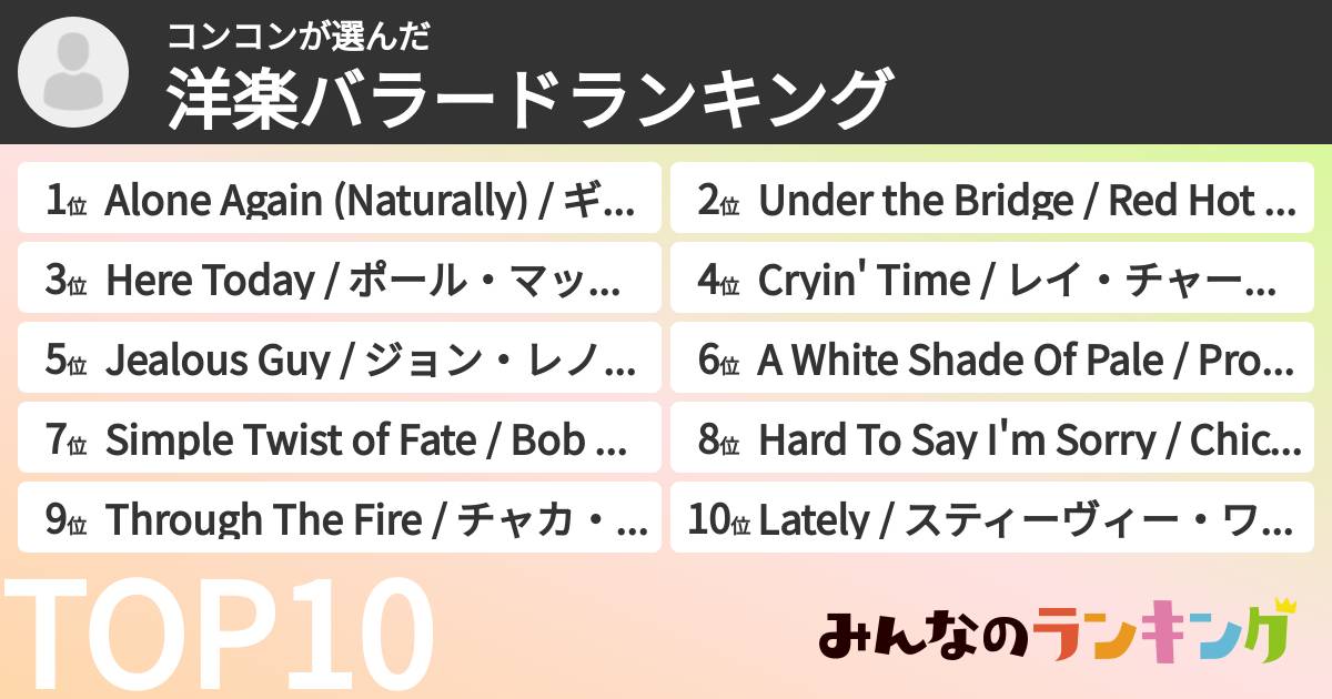 コンコンさんの「洋楽バラードランキング」