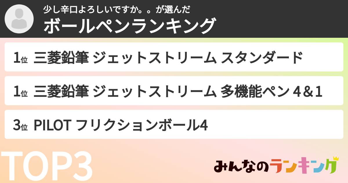 少し辛口よろしいですか。。さんの「ボールペンランキング」