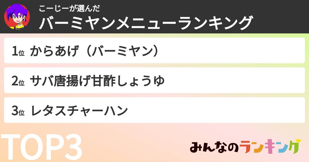 こーじーさんの「バーミヤンメニューランキング」