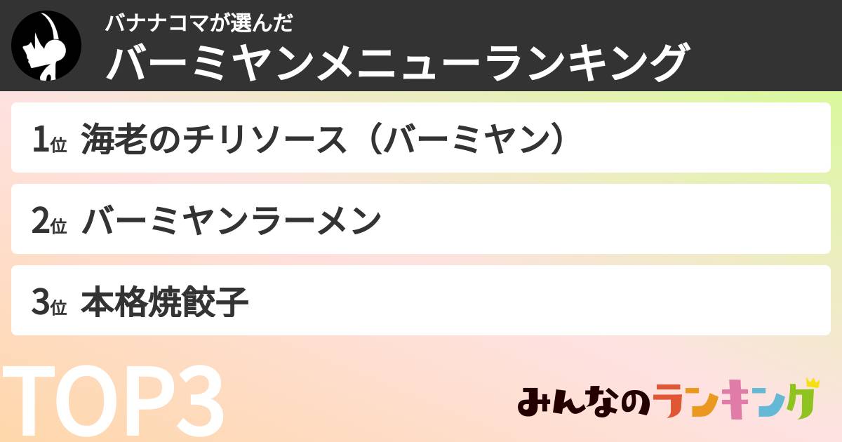 バナナコマさんの「バーミヤンメニューランキング」