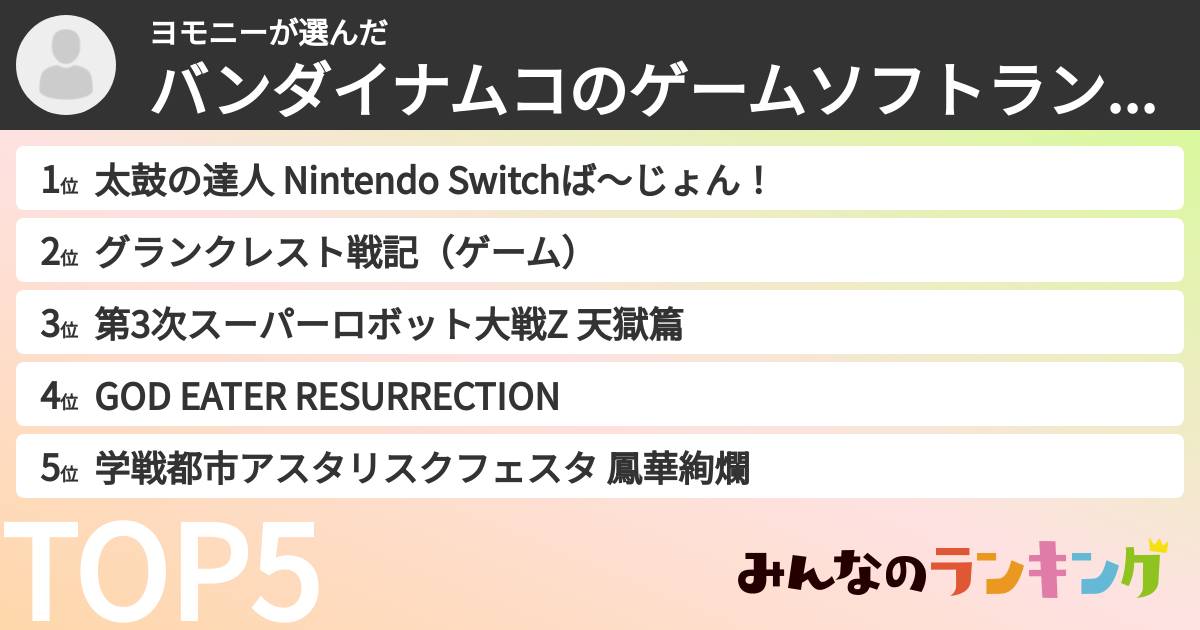 ヨモニーさんの「バンダイナムコのゲームソフトランキング」