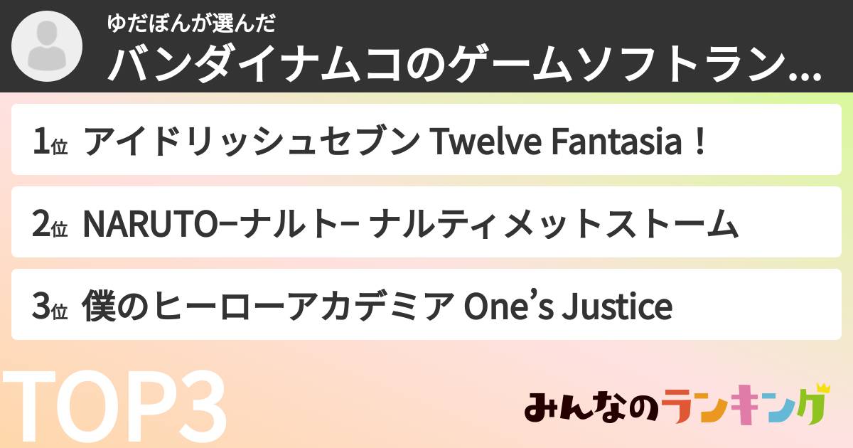 ゆだぼんさんの「バンダイナムコのゲームソフトランキング」