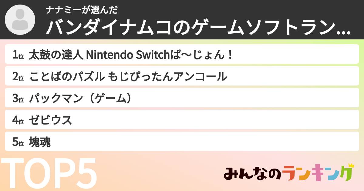 ナナミーさんの「バンダイナムコのゲームソフトランキング」