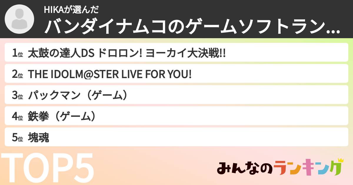 HIKAさんの「バンダイナムコのゲームソフトランキング」