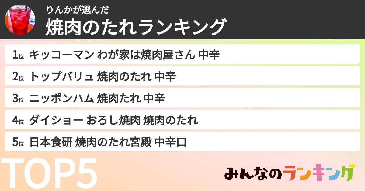 りんかさんの「焼肉のたれランキング」