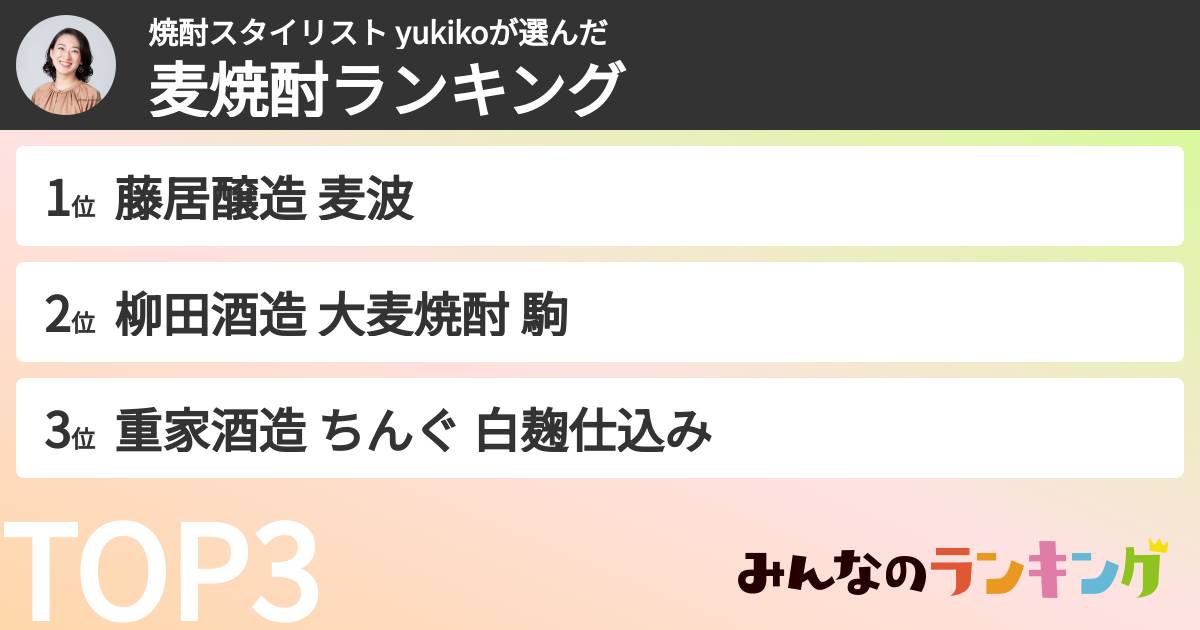 焼酎スタイリスト yukikoさんの「麦焼酎ランキング」
