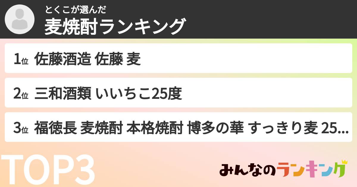 とくこさんの「麦焼酎ランキング」