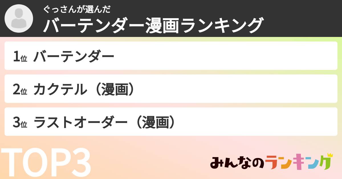 ぐっさんさんの「バーテンダー漫画ランキング」