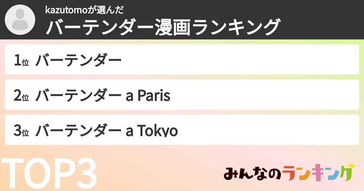 kazutomoさんの「バーテンダー漫画ランキング」