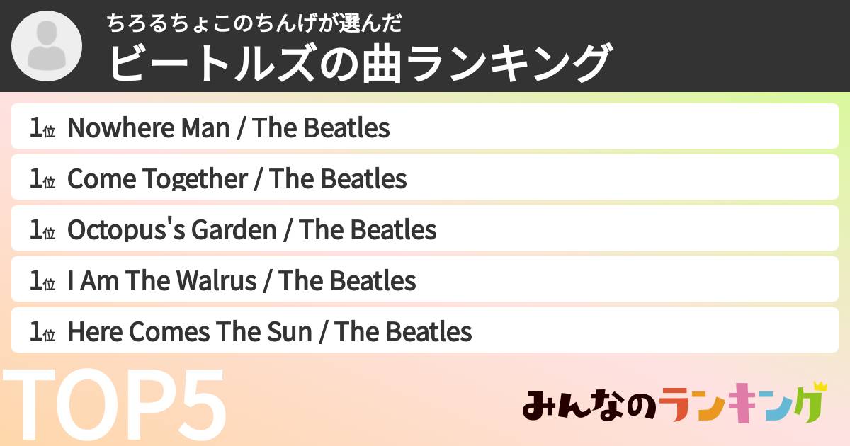 ちろるちょこのちんげさんの「ビートルズの曲ランキング」