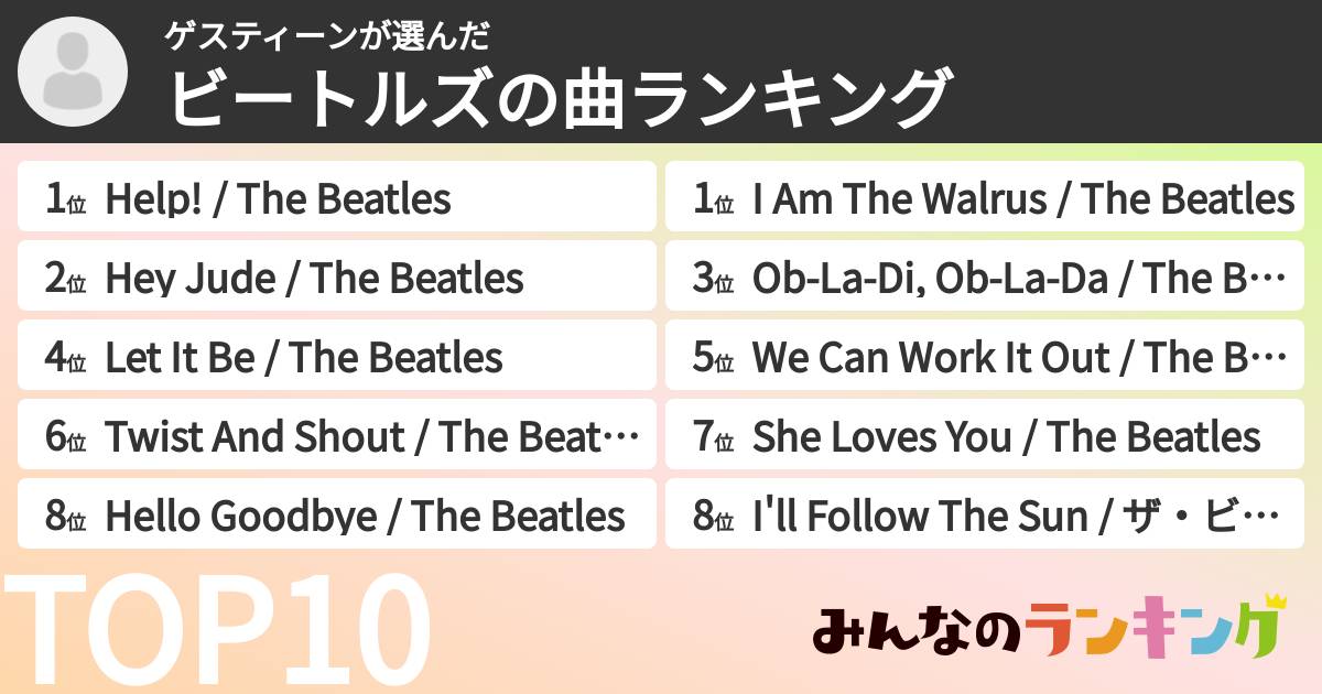 ゲスティーンさんの「ビートルズの曲ランキング」