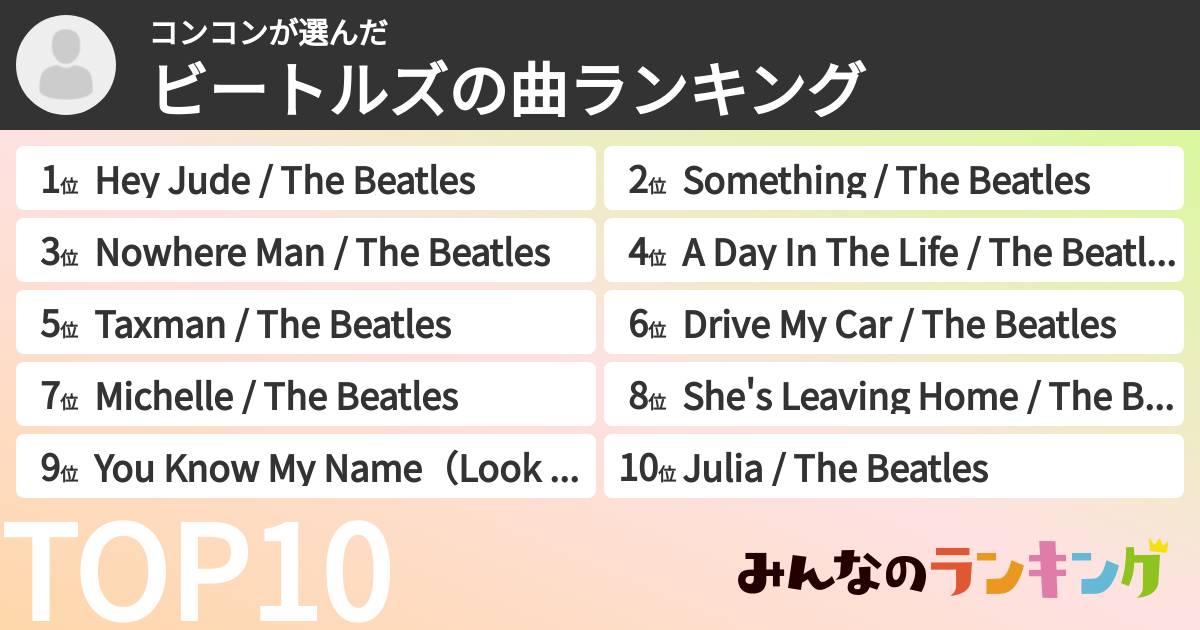 コンコンさんの「ビートルズの曲ランキング」