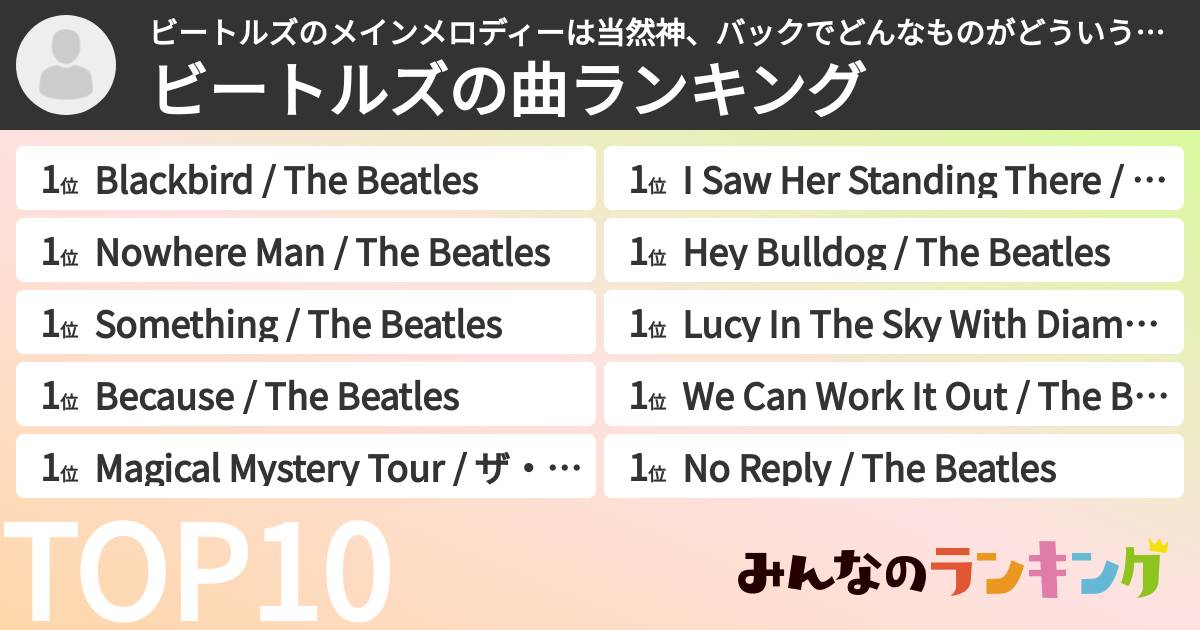 ビートルズのメインメロディーは当然神、バックでどんなものがどういう風に流れているのを考えるのが面白いさんの「ビートルズの曲ランキング」