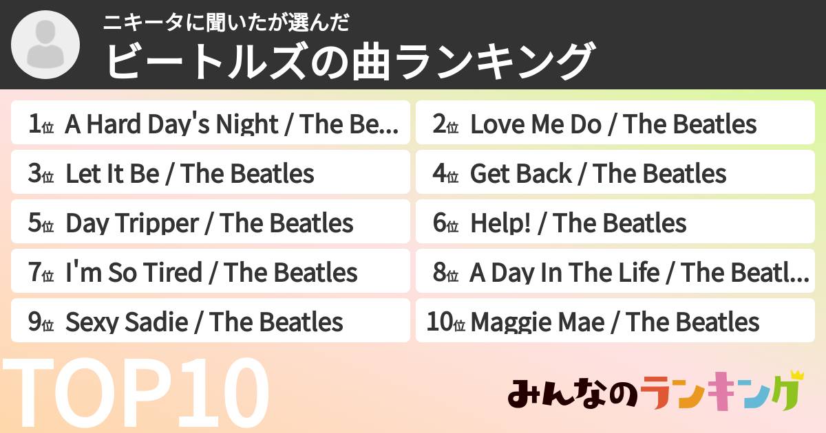 ニキータに聞いたさんの「ビートルズの曲ランキング」