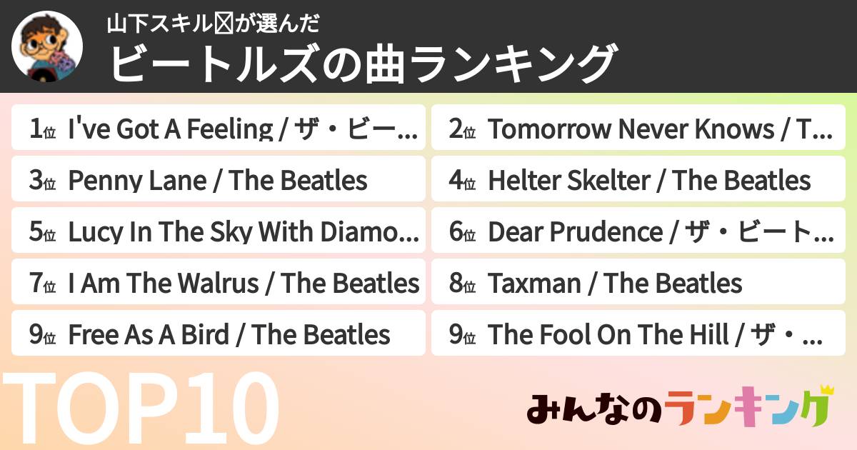 山下スキル☪さんの「ビートルズの曲ランキング」