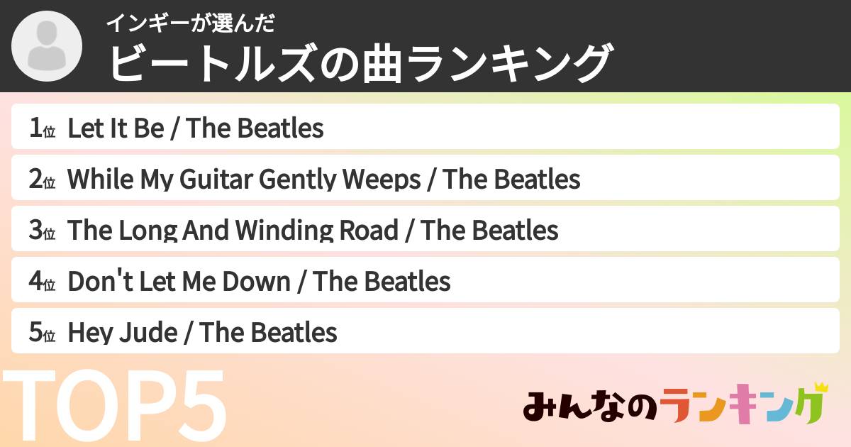 インギーさんの「ビートルズの曲ランキング」