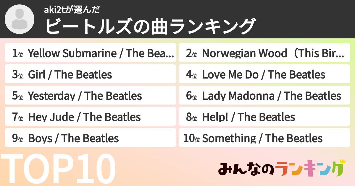 aki2tさんの「ビートルズの曲ランキング」