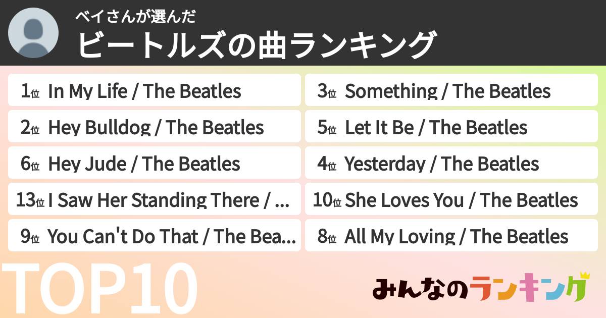 ベイさんさんの「ビートルズの曲ランキング」