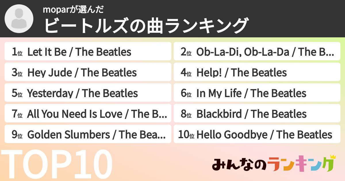 moparさんの「ビートルズの曲ランキング」