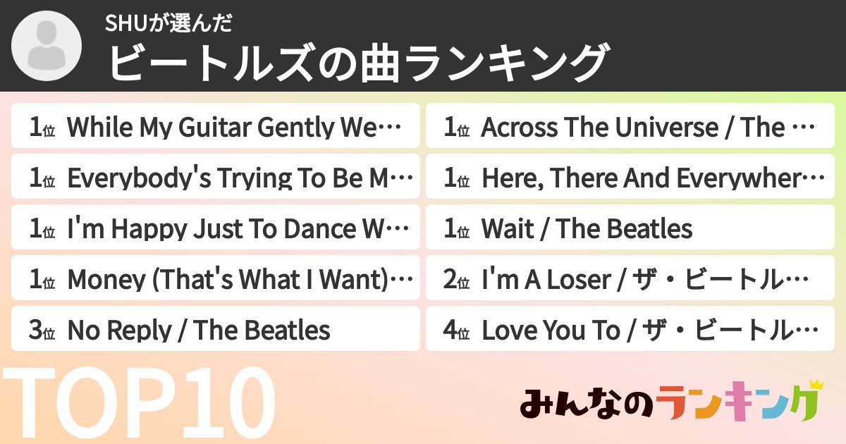 SHUさんの「ビートルズの曲ランキング」
