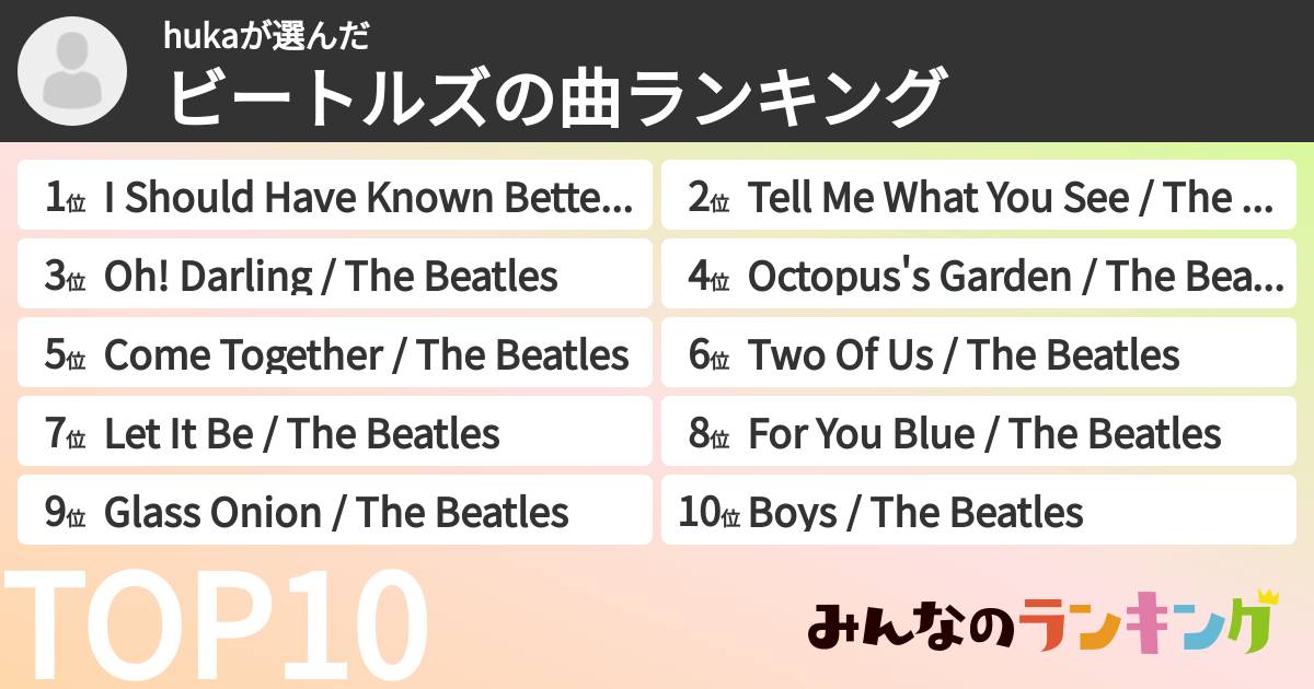 hukaさんの「ビートルズの曲ランキング」