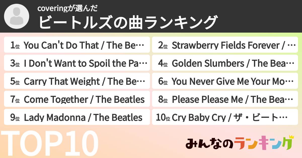 coveringさんの「ビートルズの曲ランキング」