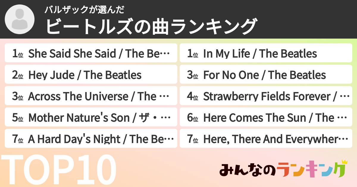 バルザックさんの「ビートルズの曲ランキング」
