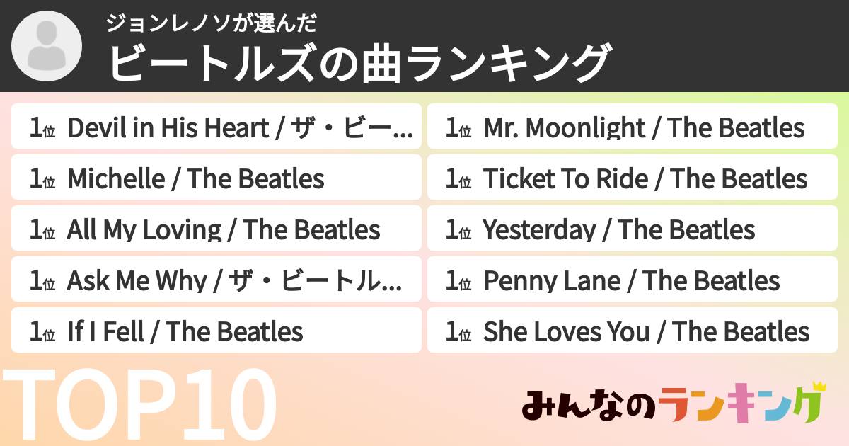 ジョンレノソさんの「ビートルズの曲ランキング」