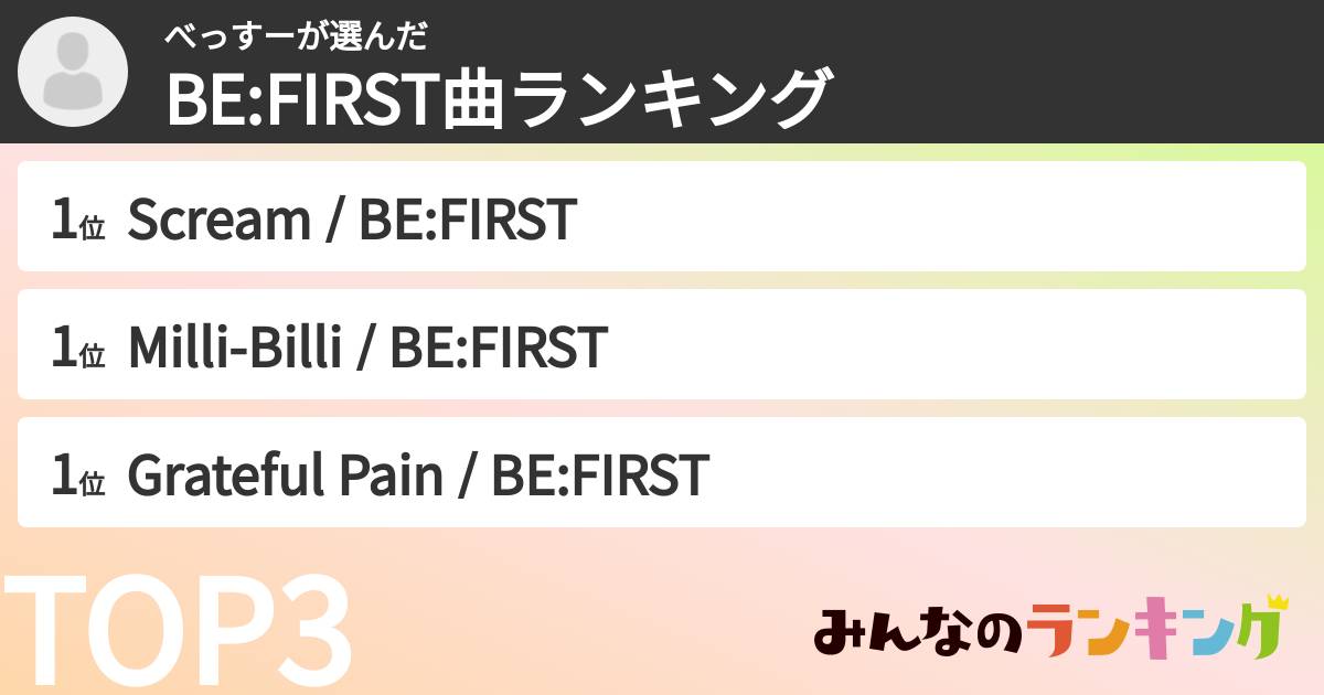 べっすーさんの「BE:FIRST曲ランキング」