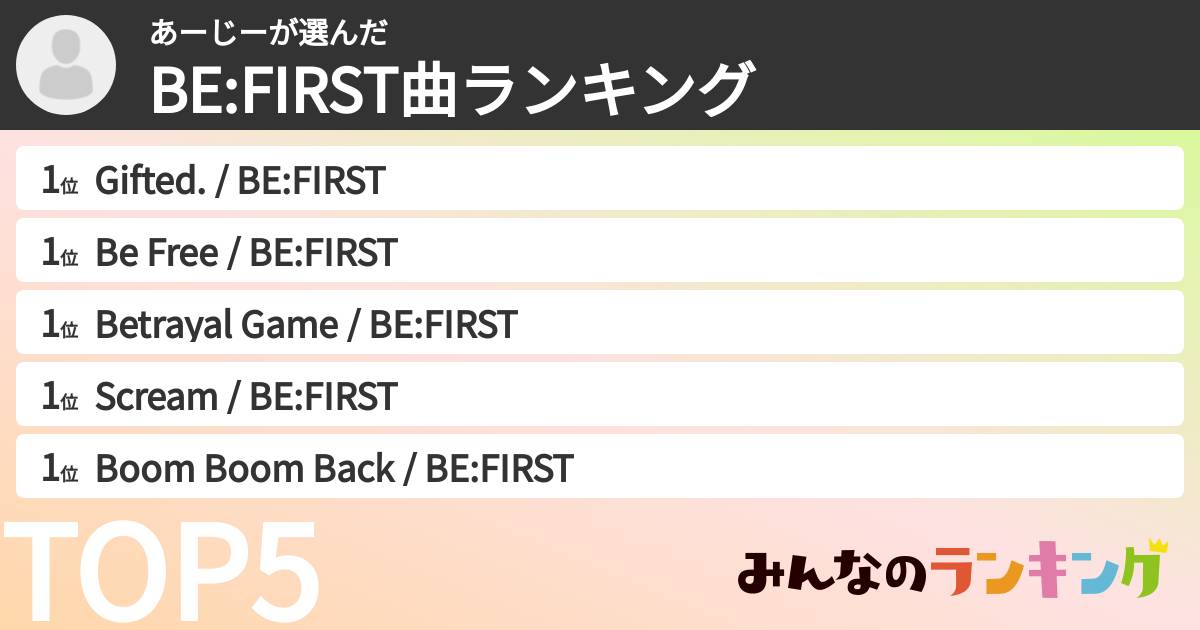 あーじーさんの「BE:FIRST曲ランキング」