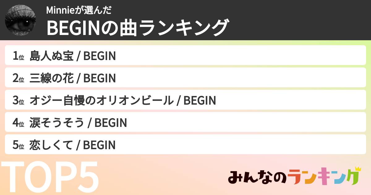 Minnieさんの「BEGINの曲ランキング」