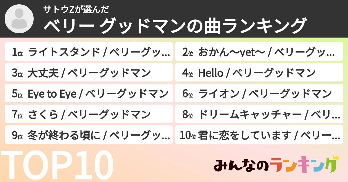サトウZさんの「ベリー グッドマンの曲ランキング」