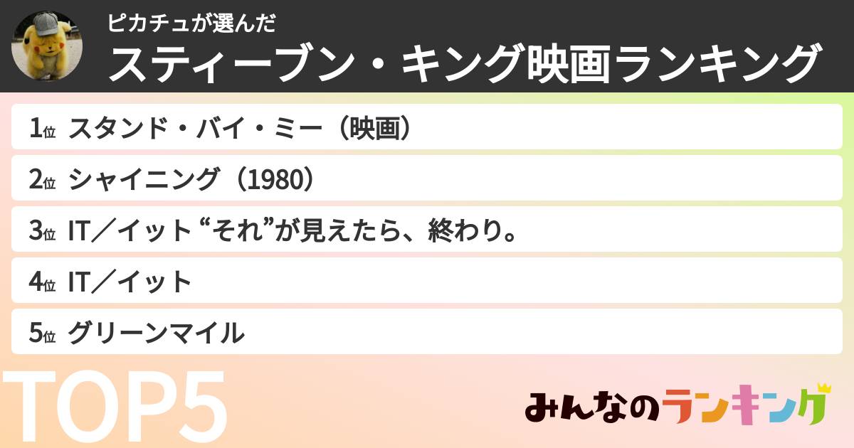 ピカチュさんの「スティーブン・キング映画ランキング」