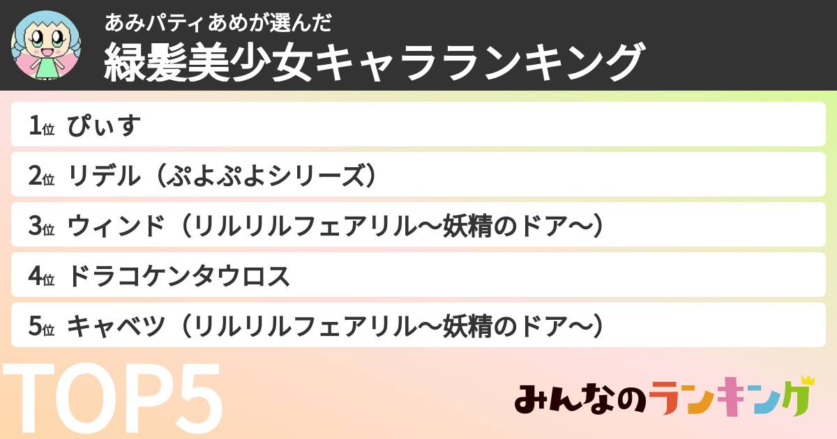 あみパティあめさんの「緑髪美少女キャラランキング」
