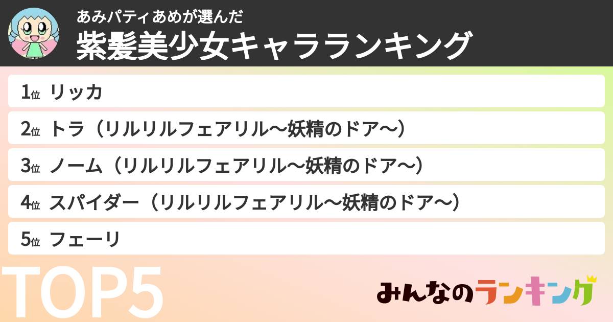 あみパティあめさんの「紫髪美少女キャラランキング」
