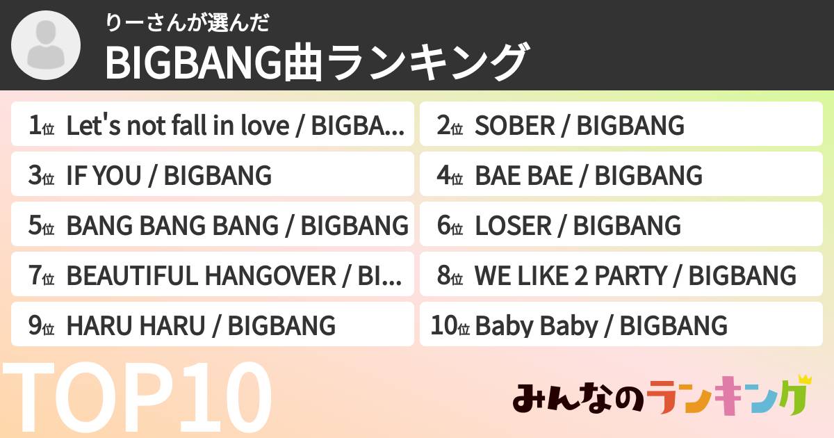 りーさんさんの「BIGBANG曲ランキング」