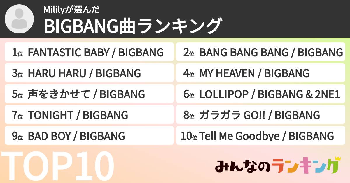 Mililyさんの「BIGBANG曲ランキング」