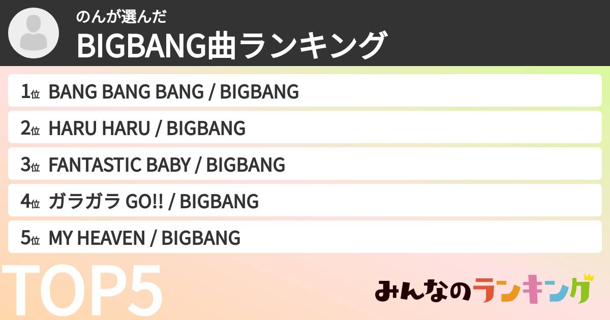 のんさんの「BIGBANG曲ランキング」