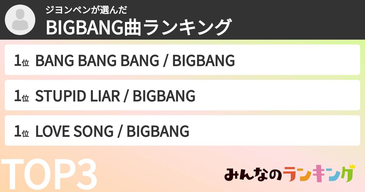 ジヨンペンさんの「BIGBANG曲ランキング」