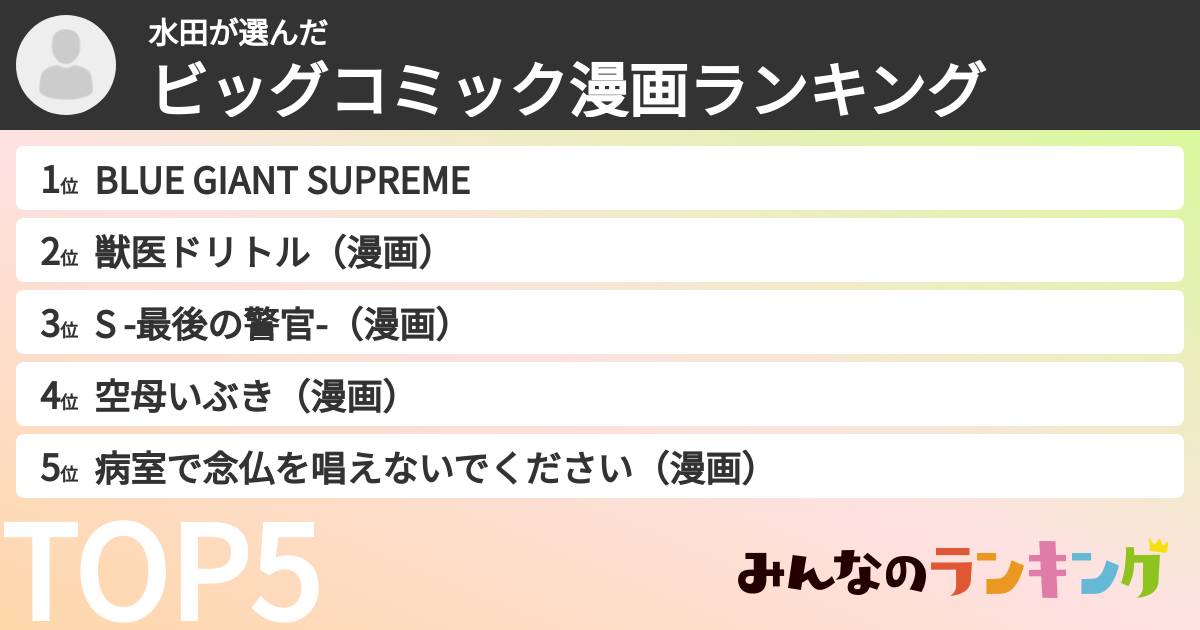 水田さんの「ビッグコミック漫画ランキング」