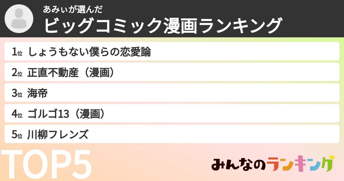あみぃさんの「ビッグコミック漫画ランキング」