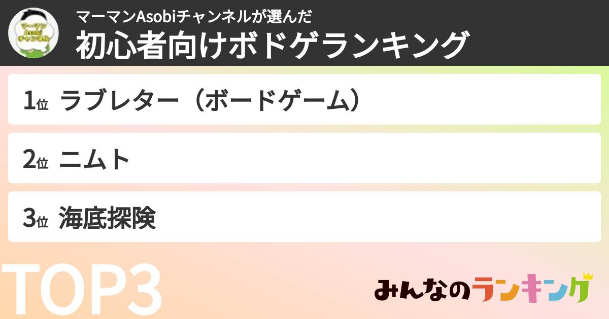 マーマンAsobiチャンネルさんの「初心者向けボドゲランキング」