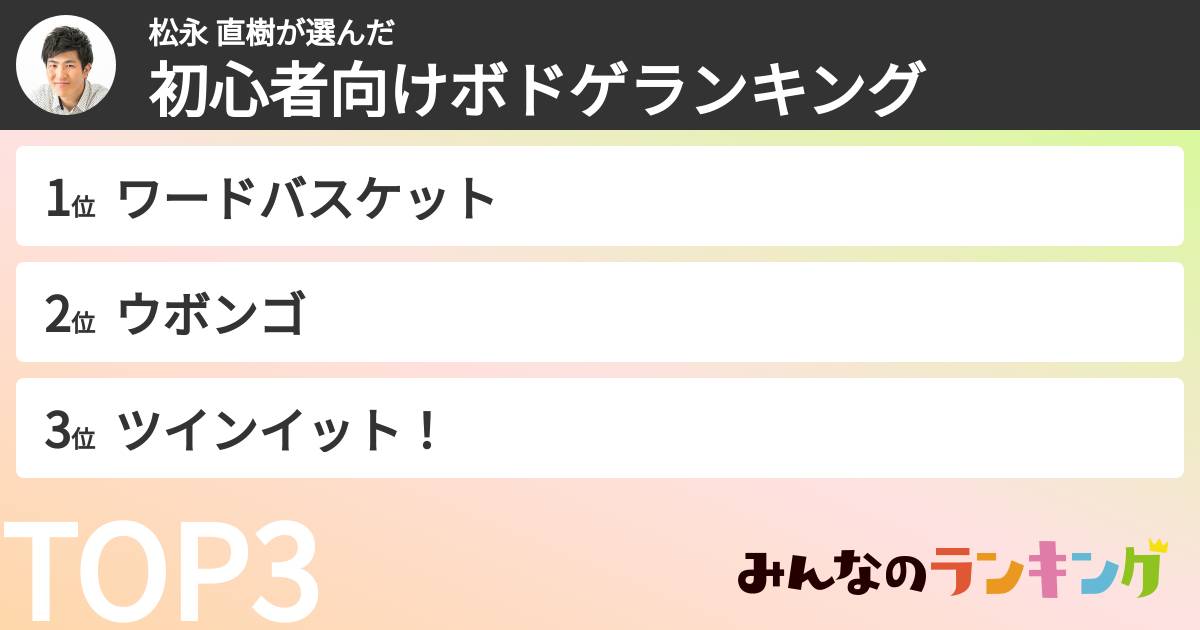 松永 直樹さんの「初心者向けボドゲランキング」