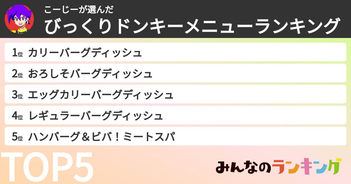 こーじーさんの「びっくりドンキーメニューランキング」