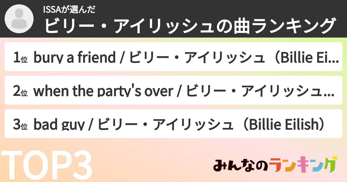 ISSAさんの「ビリー・アイリッシュの曲ランキング」