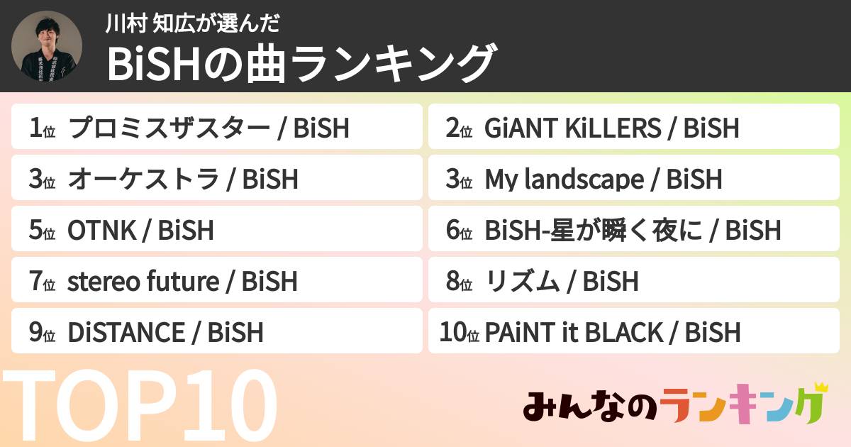 川村 知広さんの「BiSHの曲ランキング」