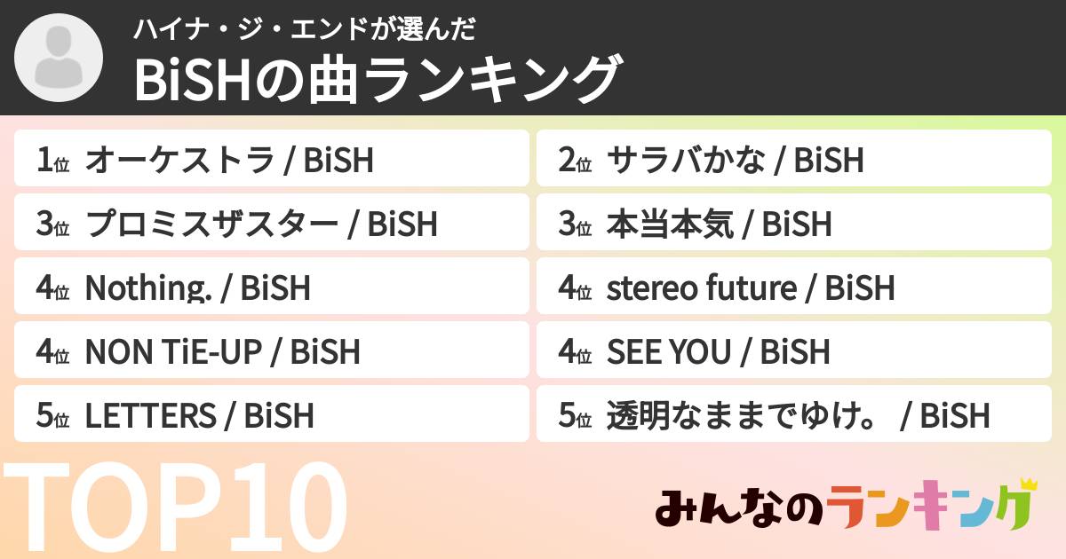 ハイナ・ジ・エンドさんの「BiSHの曲ランキング」