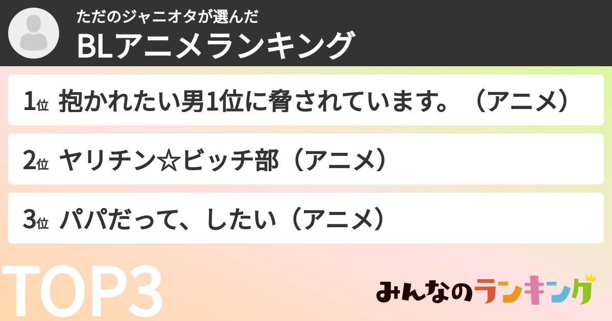 ただのジャニオタさんの「BLアニメランキング」