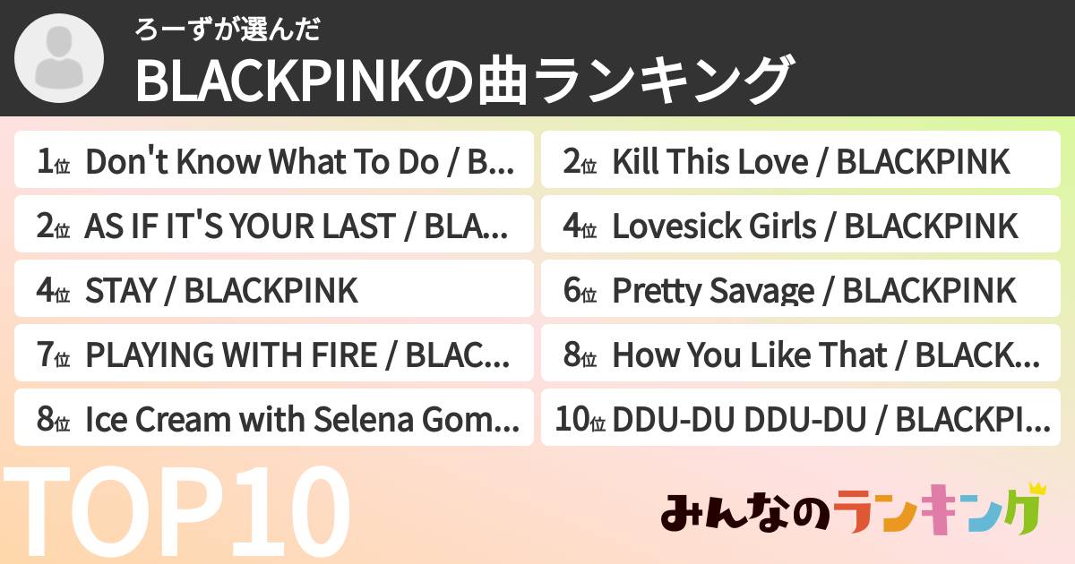 ろーずさんの「BLACKPINKの曲ランキング」