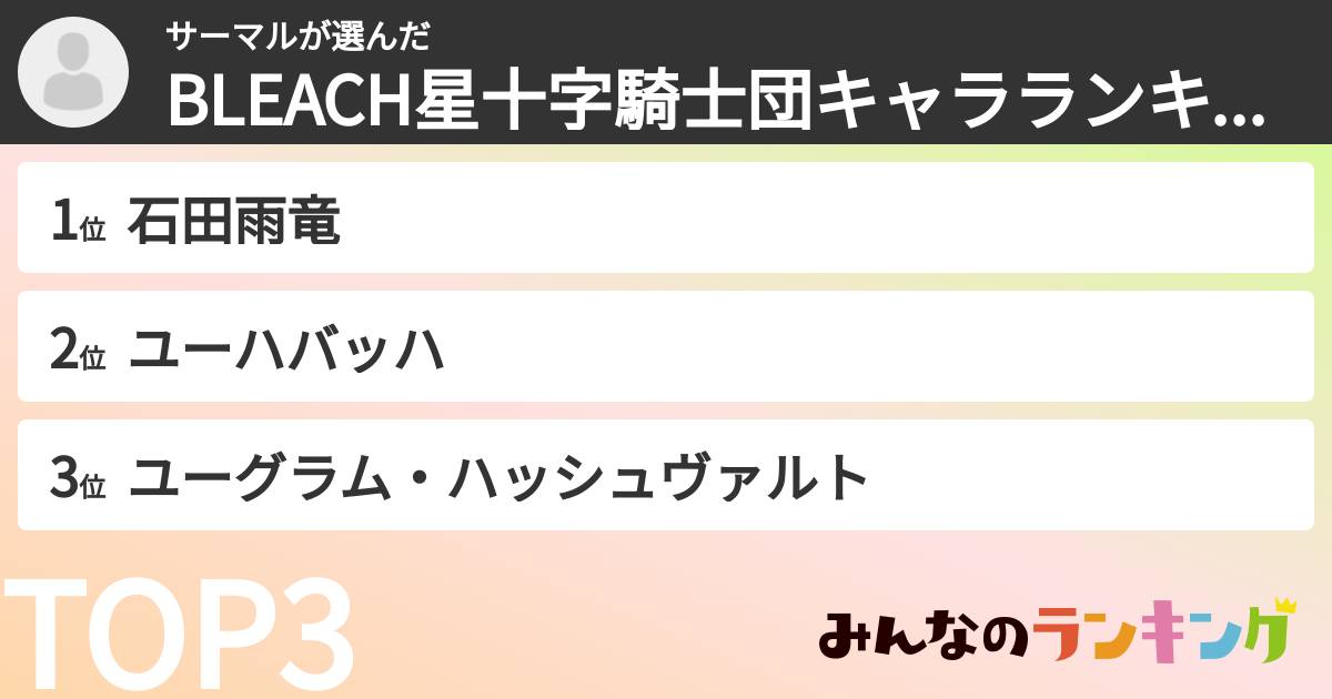 サーマルさんの「BLEACH星十字騎士団キャラランキング」